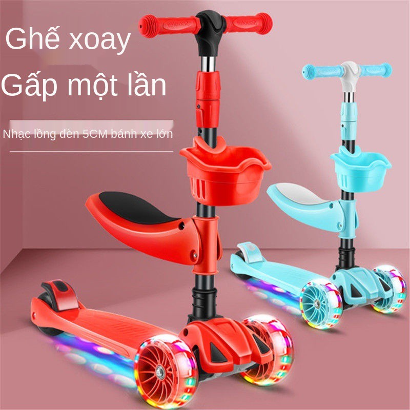 ✌Xe trượt Scooter trẻ em 3 trong 1 Ghế ngồi có bánh Flash nhạc cho từ 2-12 tuổi <