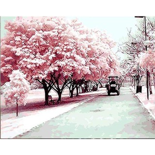 Tranh sơn dầu số hóa tự tô màu theo số có khung - [331] ĐƯỜNG CÂY HOA ĐÀO (40*50)