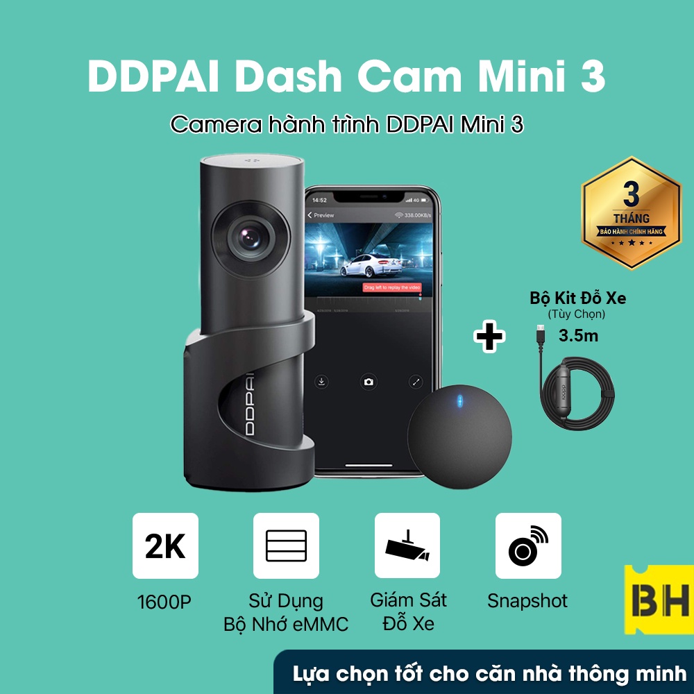 Camera hành trình ô tô  DDPAI Dash Cam Mini3 2K 1600P điều khiển từ xa thiết kế xoay 360° bản quốc tế