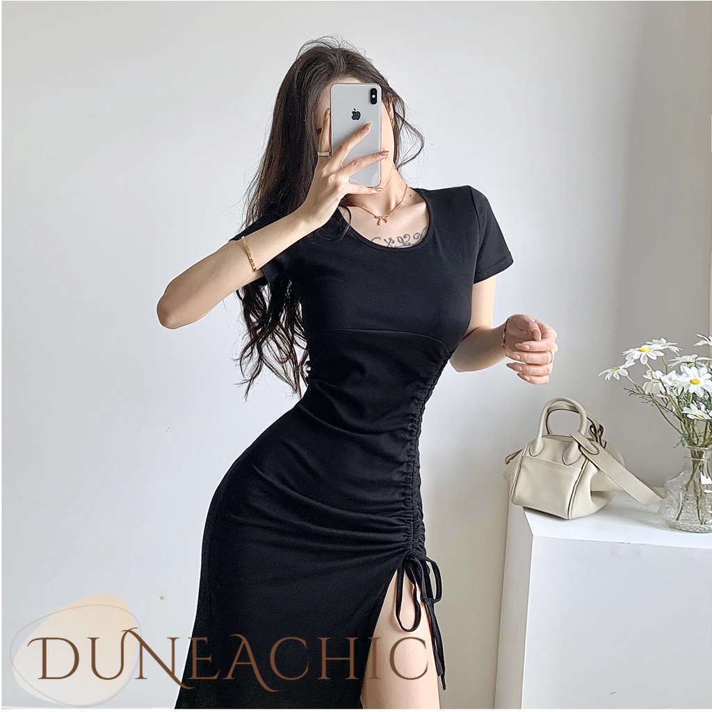 DUNEA Đầm cổ tròn tay ngắn phối dây rút gợi cảm quyến rũ cho nữ