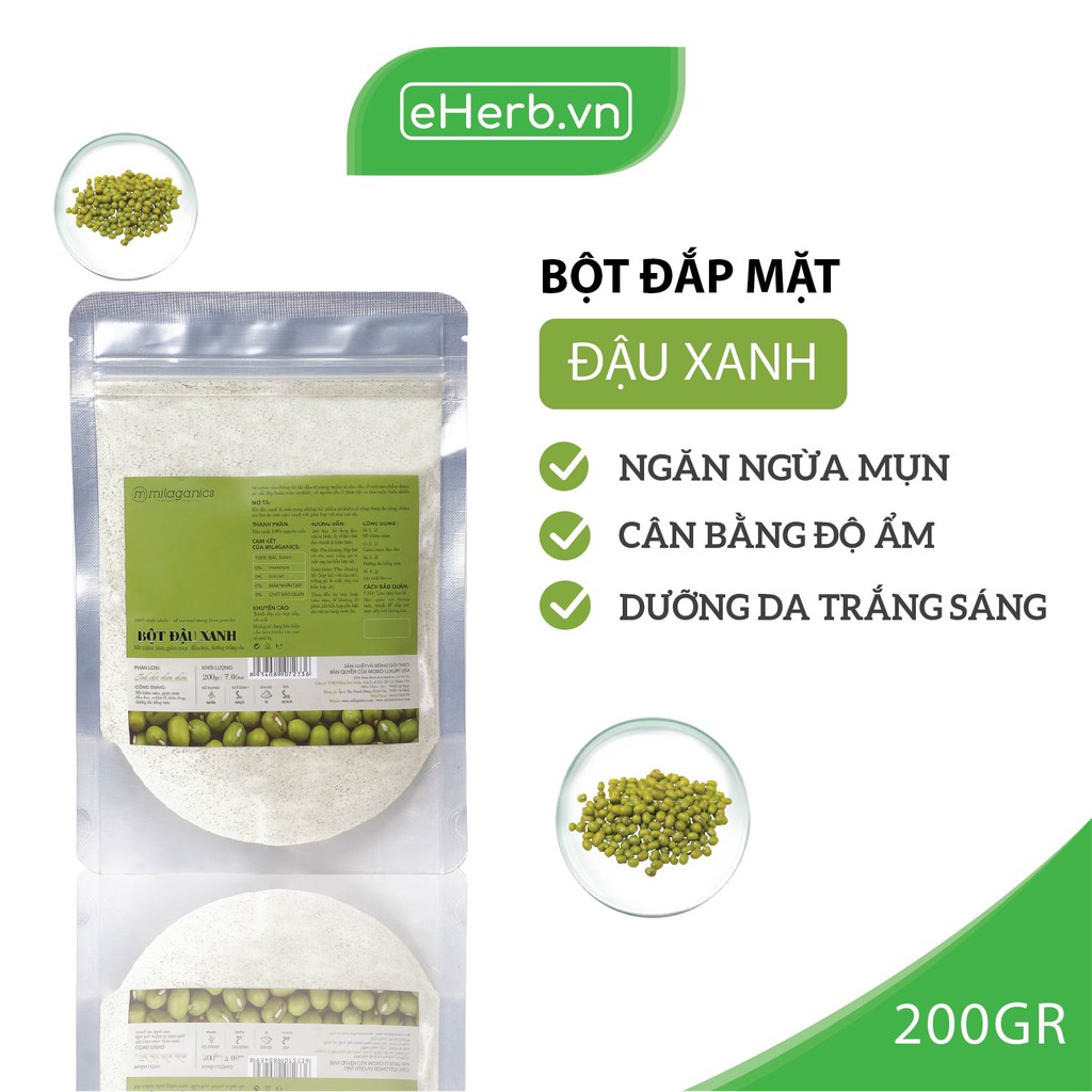 Bột Đậu Xanh Nguyên Chất Đắp Mặt Nạ Dưỡng Da Trắng Sáng, Ngăn Ngừa Mụn MILAGANICS 200g (Túi Zip)