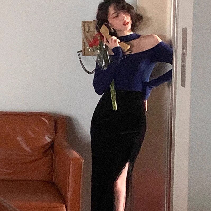 Chân váy nhung COZOK lưng cao phối ren phong cách cổ điển thời trang thu đông cho nữ