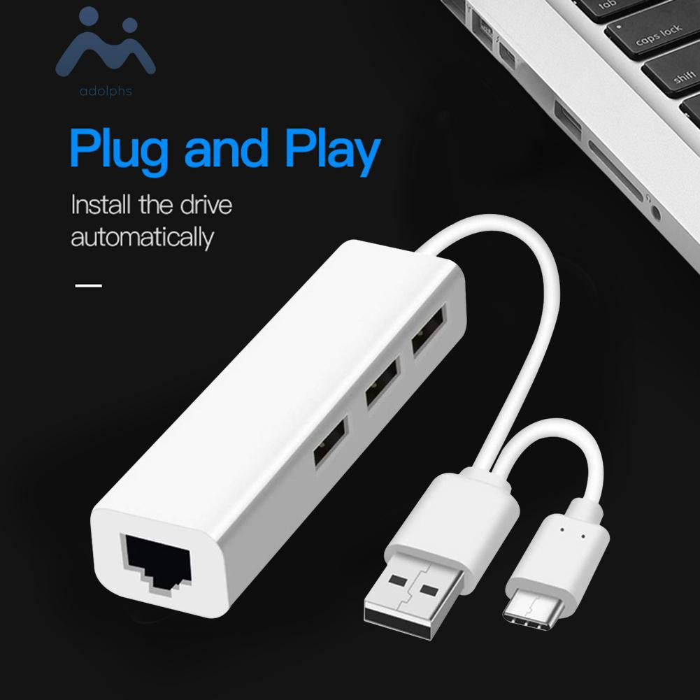 adolphs USB Hub USB 3.1 Type C USB 2.0 Type A to Multi 3 Port USB 2.0 RJ45 Adapter