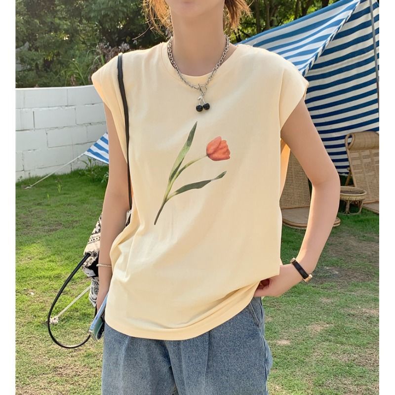 Jiashucheng Áo Thun Nữ Không Tay In Hình Hoa Tulip Phong Cách Hàn Quốc Mới