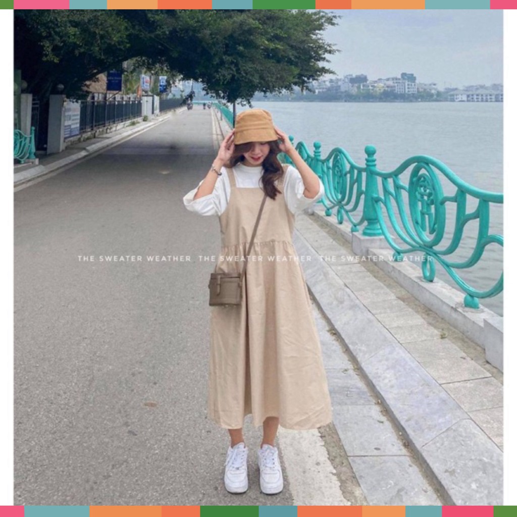 Bộ Yếm Kaki Màu Be Dài Kèm Áo Thun Cotton ️🎶 Sét Yếm Nữ Áo Thun Dáng Rộng | BigBuy360 - bigbuy360.vn