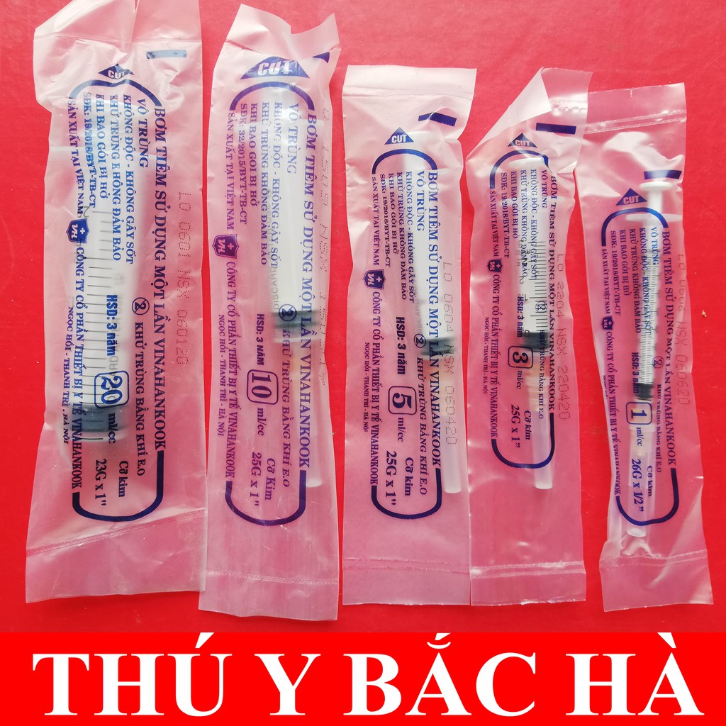 Bơm tiêm các loại 1 ml, 3 ml, 5ml, 10ml, 20ml và Kim tiêm các loại 9, 12, 16 Dùng để tiêm gia súc, gia cầm, chó, mèo