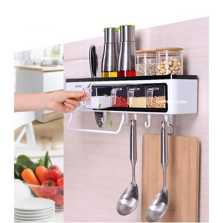 Khay đựng gia vị phòng bếp kèm ống đũa Ecoco có các móc treo đồ, treo khăn, cài dao thớt tiện dụng