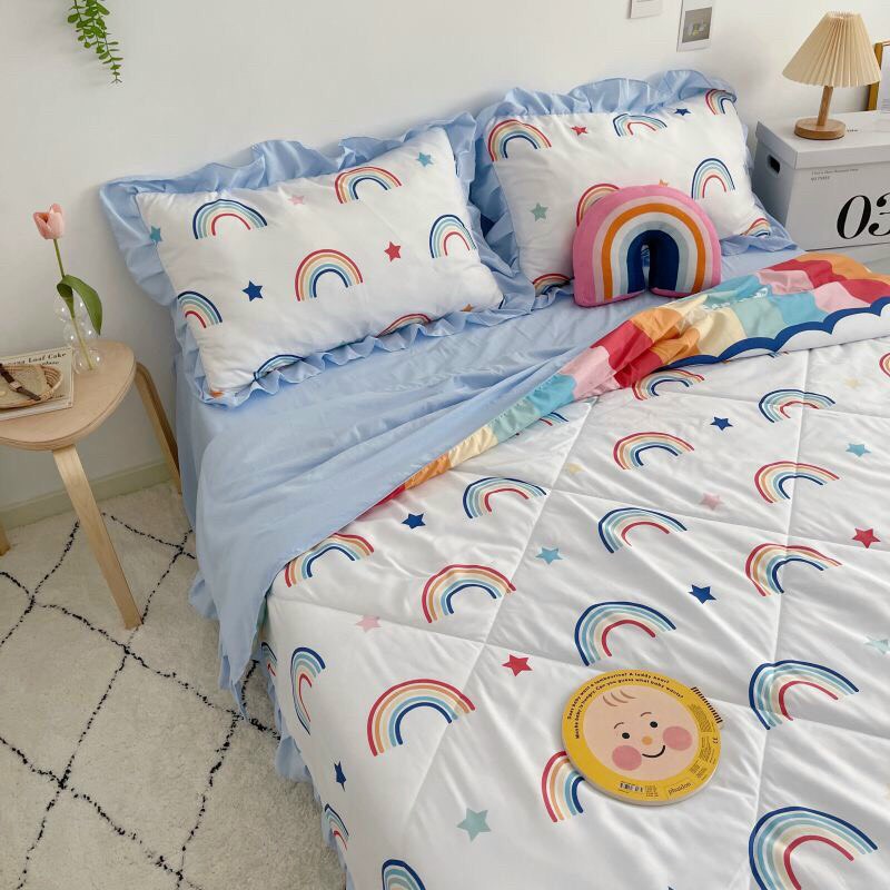 Bộ chăn ga gối drap giường nhập khẩu cao cấp chất vải đũi viền bèo - Chăn hè trần bông họa tiết cầu vồng