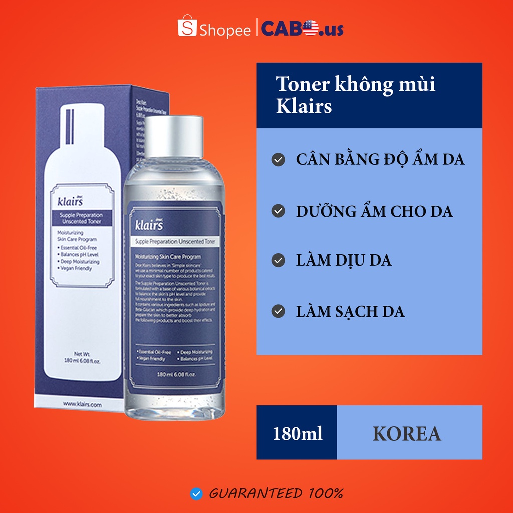 Nước Hoa Hồng Klairs Supple Preparation Toner 180ml [Mẫu Mới]