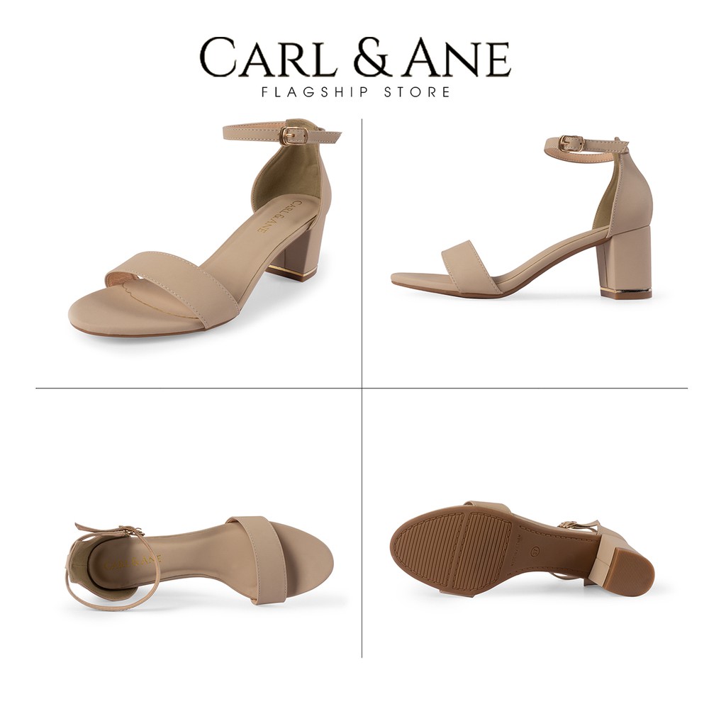 Giày sandal cao gót thời trang Carl & Ane mũi hở bít gót phối quai ngang 7 cm màu nude CS008