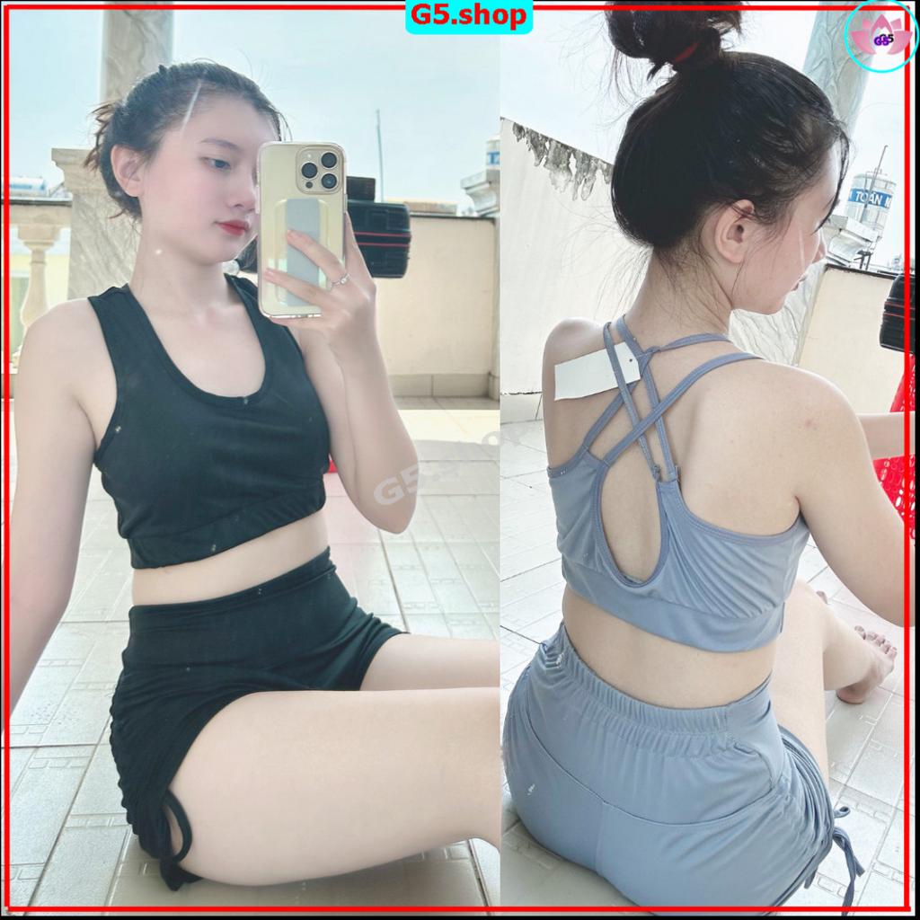 [ CÓ SIZE TO ] Bộ đồ tập gym nữ 2 món, áo thun và quần 2 lớp rút dây có mút ngực - sét tập thể thao đẹp rẻ G5