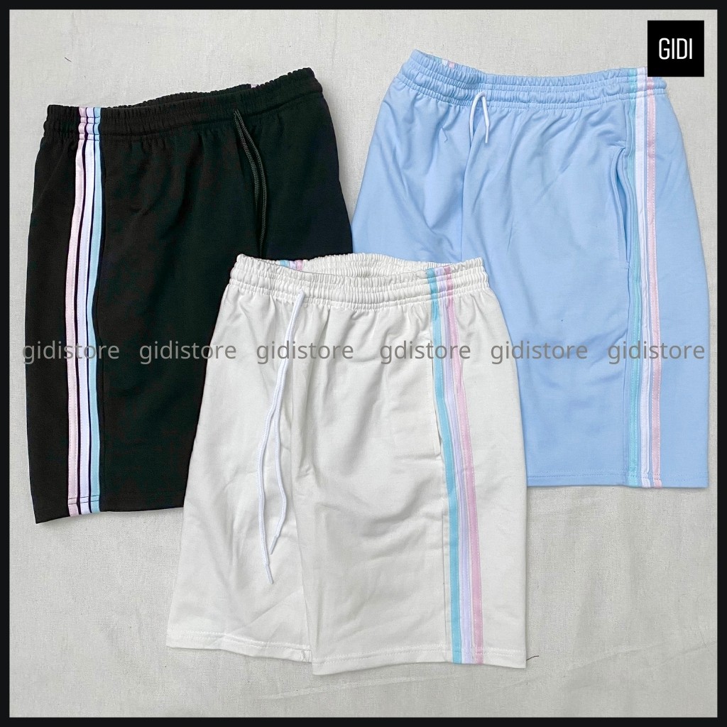Quần Short thun RIO Nam Nữ Unisex phối 3 sọc trắng/ đen/ blue - quần đùi ngắn ống suông