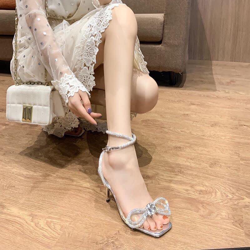 Giầy Sandal Mũi Vuông Nơ Đá Mika Hot Hit Loại 2 Vòng Cổ Chân