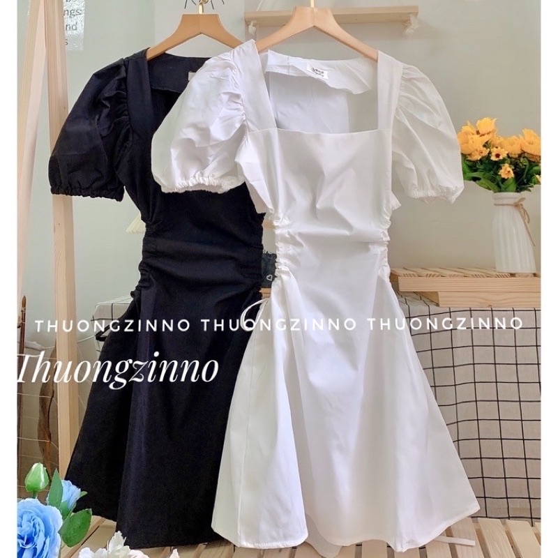 [Ảnh thật /Video]Váy tay bồng rút eo cut out lưng chun Váy hở lưng sexy tôn dáng phong cách Hàn Quốc