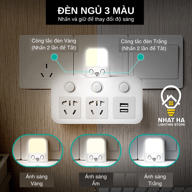 Ổ chia điện thông minh Nhật Hạ kiêm Đèn ngủ điều chỉnh 3 mức sáng Ổ cắm điện không dây phiên bản đặc biệt 2 chấu