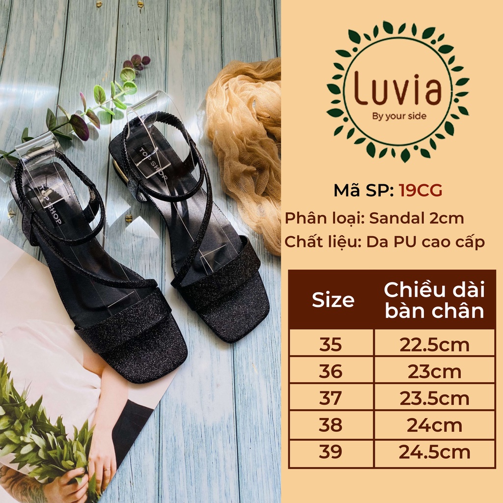 Sandal cao gót nữ 2 phân quai mảnh gót vuông ánh kim tuyến Luvia 19CG