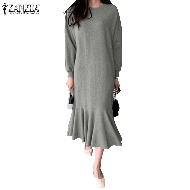 Đầm ZANZEA cổ tròn tay dài phối bèo kiểu dáng rộng rãi cho nữ