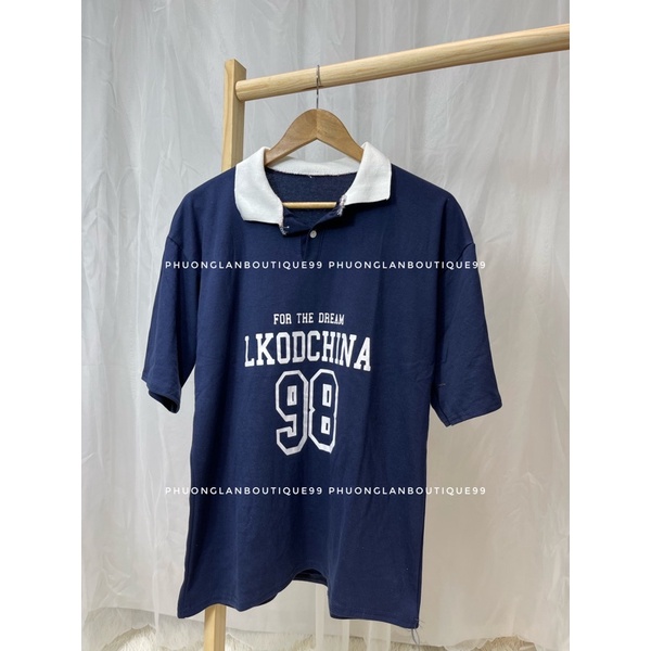 Áo sweater  Áo polo cổ bẻ tay lỡ in chữ KOCHINA98 màu xanh than form rộng unisex style Hàn Quốc PHULA