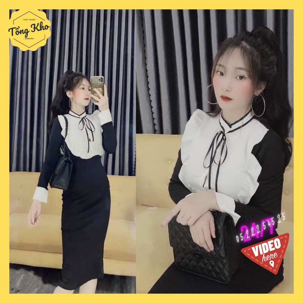 👗Đầm Body Đen Tay Dài tiểu thư👗 Ngực pha trắng phối viền bèo, Cổ thắt nơ tay dài - Váy body đen tiểu thư đẹp
