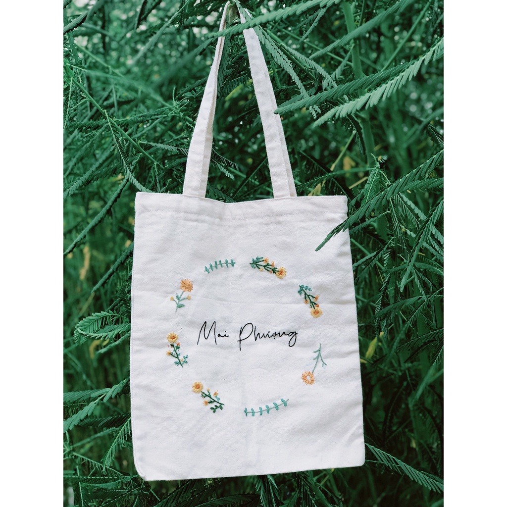 Túi tote vải canvas thêu tay handmade hoạ tiết (có khóa kéo)