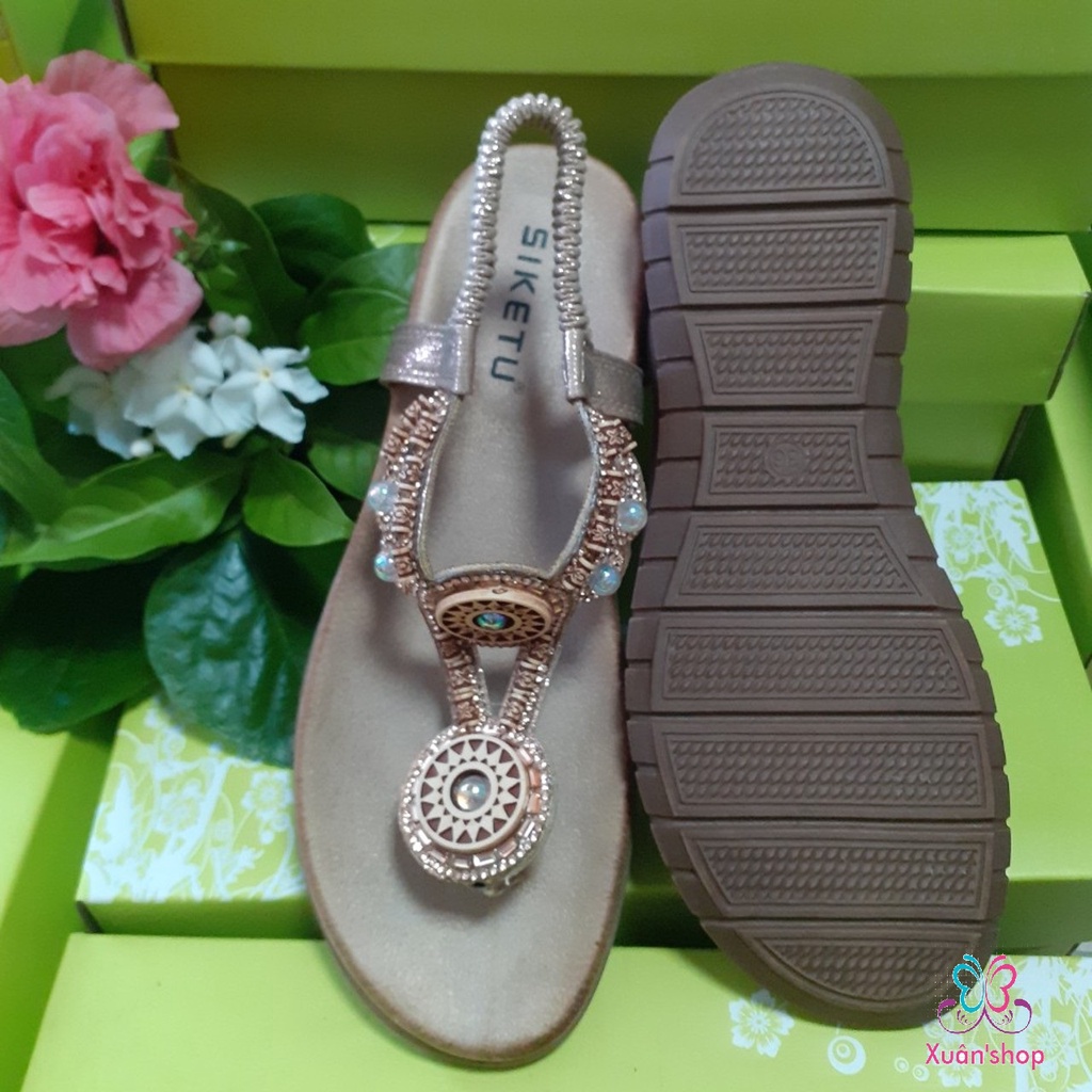 Sandal xỏ ngón Siketu quai đính họa tiết thổ cẩm, đế bằng chống trượt 3cm