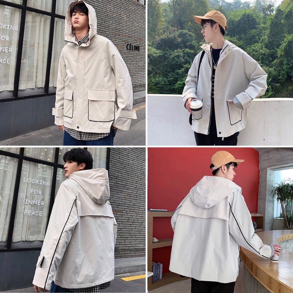 Áo khoác Dù Viền túi hộp form rộng unisex 💥 Áo khoác Nam nữ Unisex màu Đen/ Be 💥