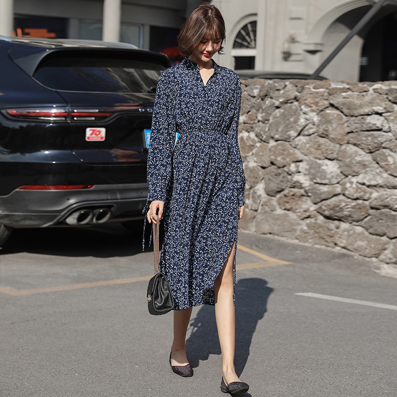 Korean Vintage Long Sleeve Casual Dresses Women Spring Summer Print V Neck Midi Dress Blue | BigBuy360 - bigbuy360.vn