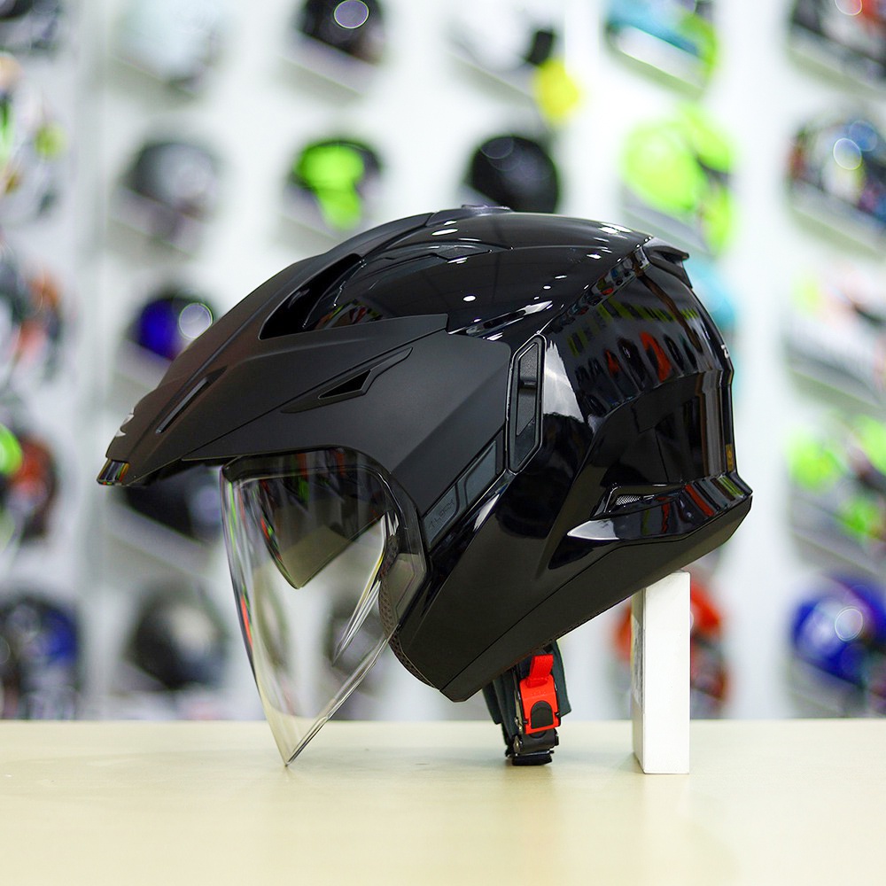 Mũ 3/4 2 Kính Zeus 613B Đen Bóng Tặng Kèm Mái Che Có Thể Tháo Rời