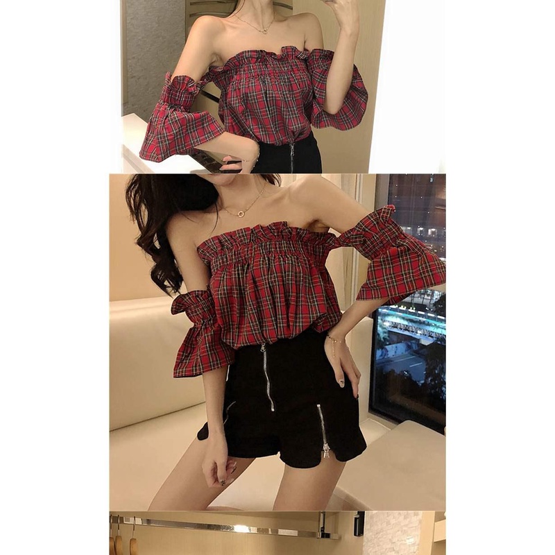 Áo Kiểu Trễ Vai Họa Tiết Sọc Caro Quyến Rũ Thời Trang