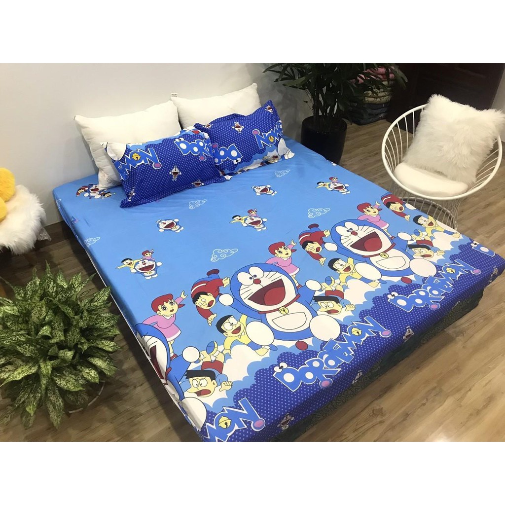 Bộ drap nệm - 1 ga kèm 2 vỏ gối nằm hoạt hình Doraemon 1M2 1M6 1M8