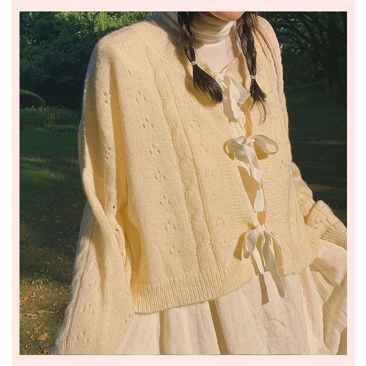 Áo khoác cardigan dệt kim dáng rộng thắt nơ phía trước và sau lưng thời trang mùa thu cho nữ