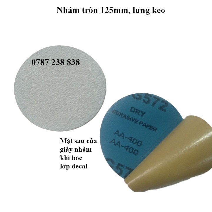 Giấy nhám tròn 125mm, lưng keo, mặt nhám phủ bột trắng