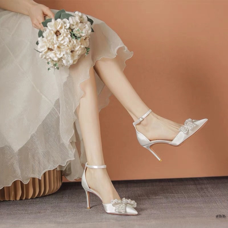 Sandal cao gót nơ đá bít mũi hàng cao cấp fullbox