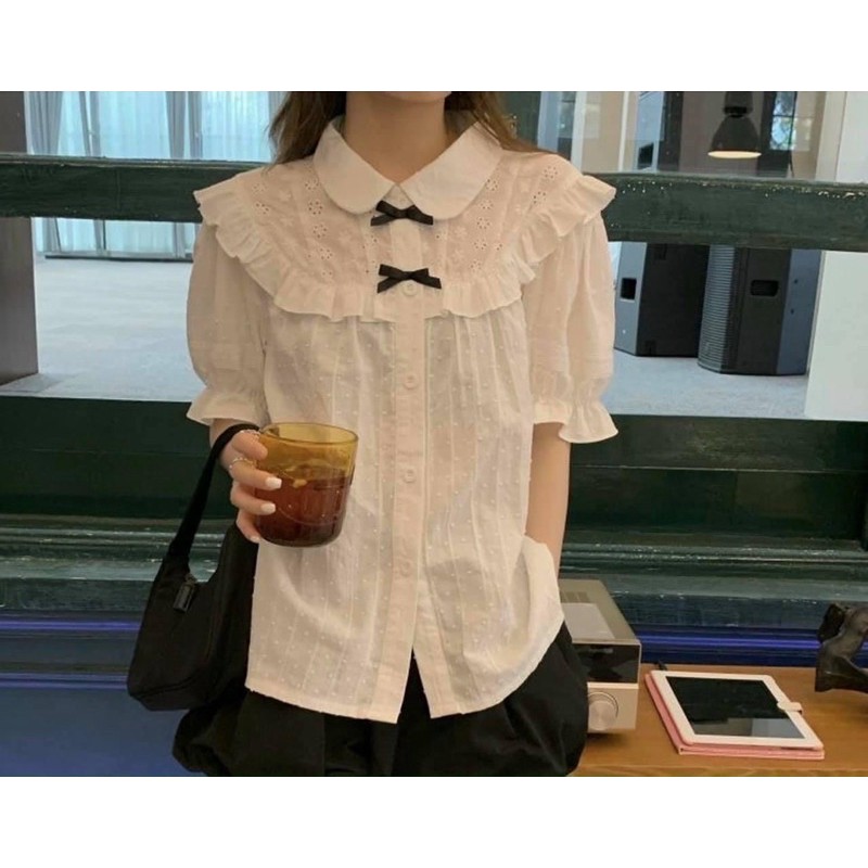Sơmi babydoll cổ nơ nhỏ kèm hình thật