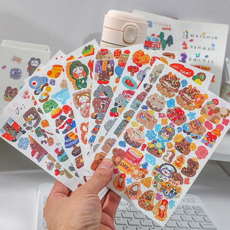 Sticker gấu cán nhũ lấp lánh trang trí sổ, toploader