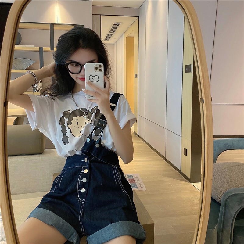 Quần Short Yếm Denim Ống Rộng Màu Xanh Đậm Dáng Rộng Thời Trang