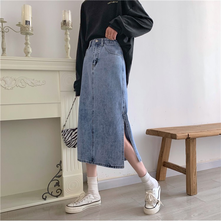 Xiaozhainv Chân váy jean lưng cao phong cách thời trang Hàn Quốc xinh xắn cho nữ | BigBuy360 - bigbuy360.vn