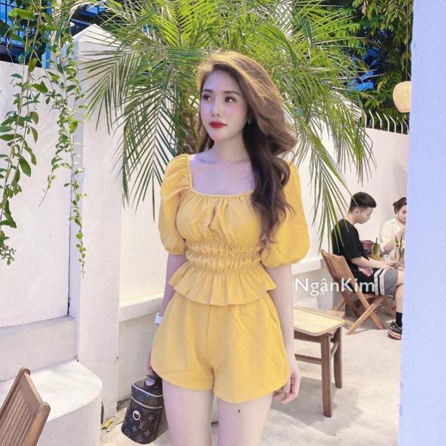 TSL-Video ảnh thật, set đũi áo tay lỡ chun eo tay bồng nhún eo xòe bèo phối quần đùi vàng, xanh, nude thời trang nănđộng