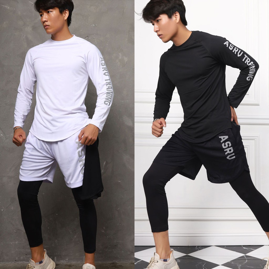 ∏◇ﺴBộ Đồ Tập Gym Nam ASRV Training Thun 4C Kết Hợp Quần Legging 2 lớp và Áo Dài Tay