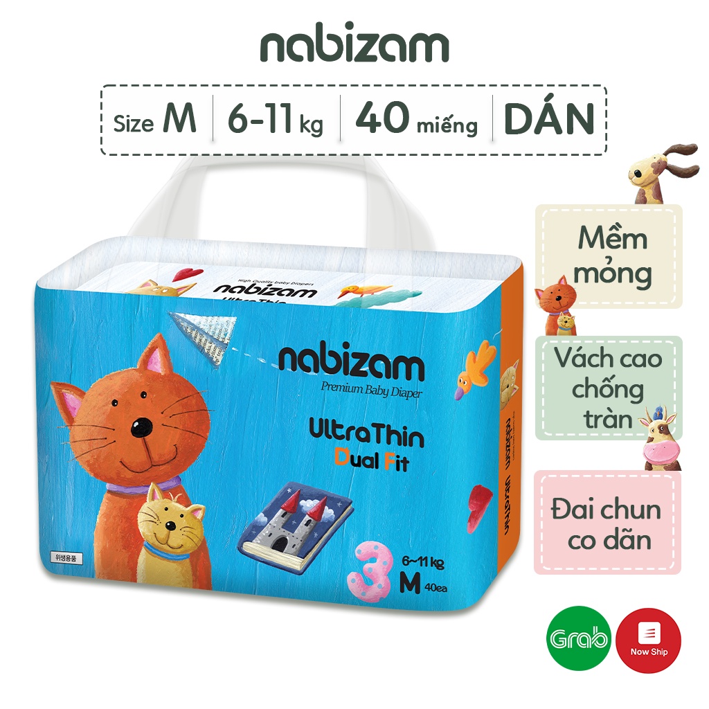 Tã/Bỉm Dán NABIZAM UltraThin Nội Địa Hàn Cao Cấp, Mỏng và Thấm Hút Tối Ưu Size M Cho Bé 6-11kg, 40 Miếng/Bịch