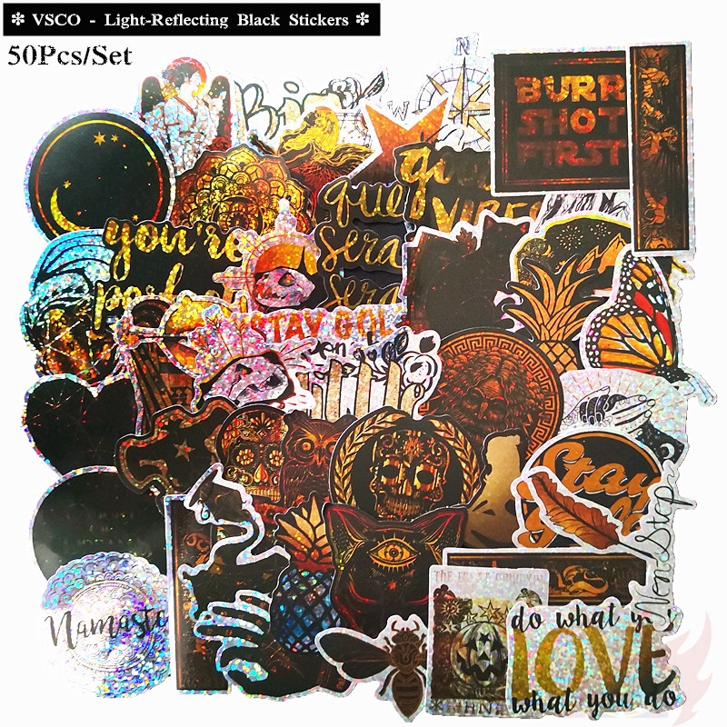 ❉ VSCO - Light-Reflecting Black Giấy và decal dán tường ❉ 50Pcs/Set DIY Luggage Laptop Decals Doodle Stickers