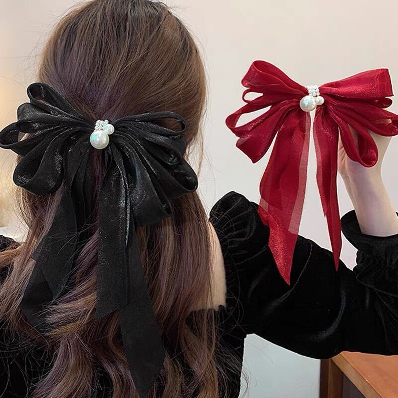 Kẹp Tóc Hình Nơ Vải Chiffon Đính Hạt Ngọc Trai Phối Tua Rua Kiểu Hàn Quốc 2022 Cho Nữ
