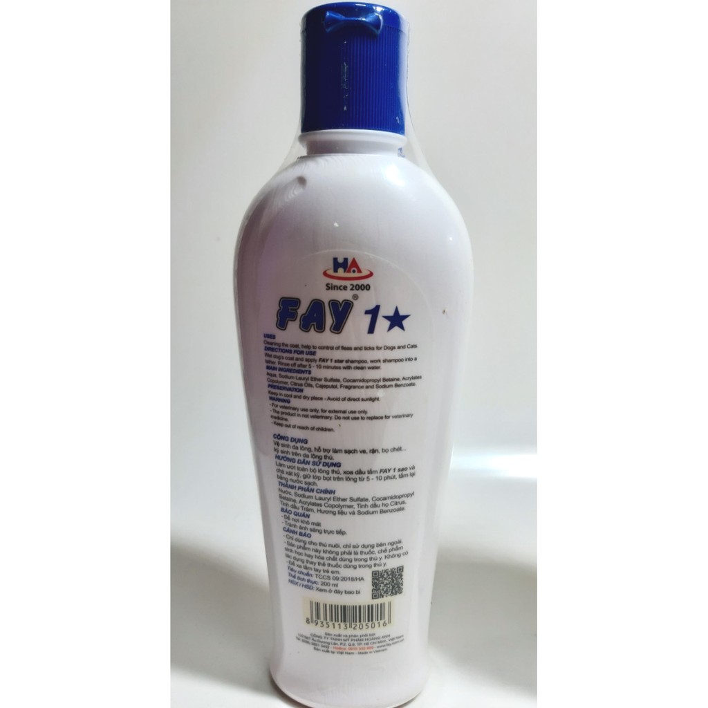 DẦU TẮM THÚ CƯNG CHÓ MÈO Fay 1 Sao hỗ trợ làm sạch ve rận bọ chét Chai 200ml Xuất xứ Việt Nam