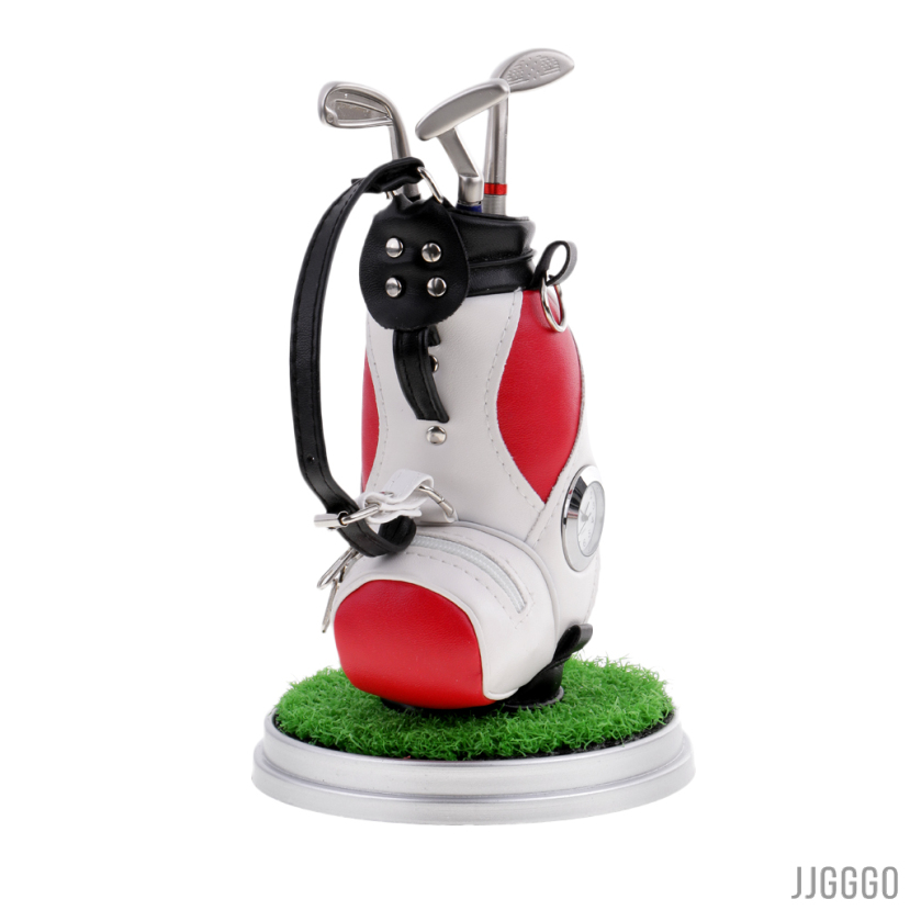 Desktop Golf Bag Pen Holder with Clock & Lawn Base & 3 Golf Club Pens Decor Souvenir