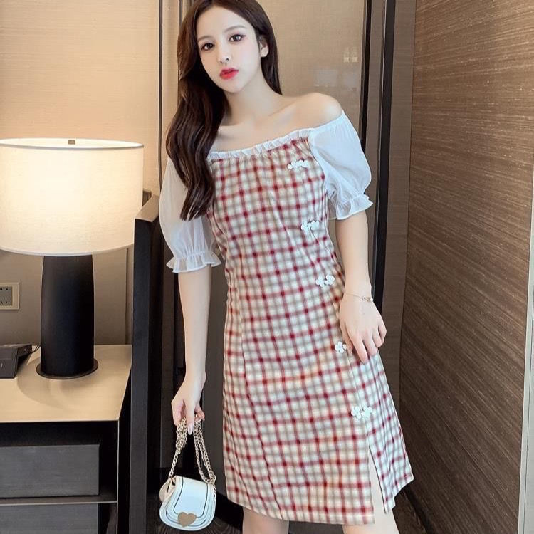 Summer split skirt Plaid cheongsam waist straight French dress