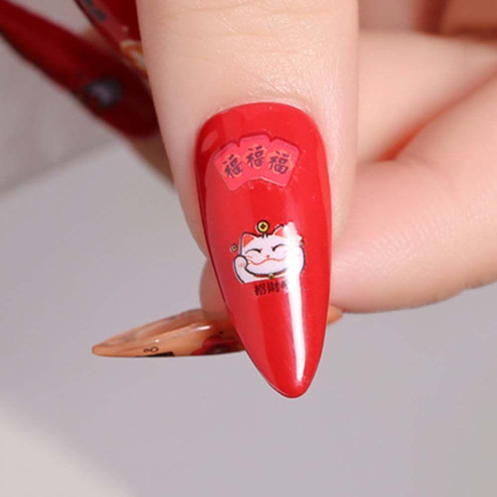 Miếng Dán Trang Trí Móng Tay Họa Tiết Mèo May Mắn Mừng Năm Mới 2022