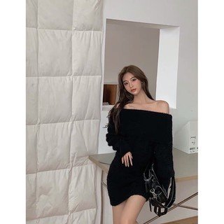 váy len lông trễ vai