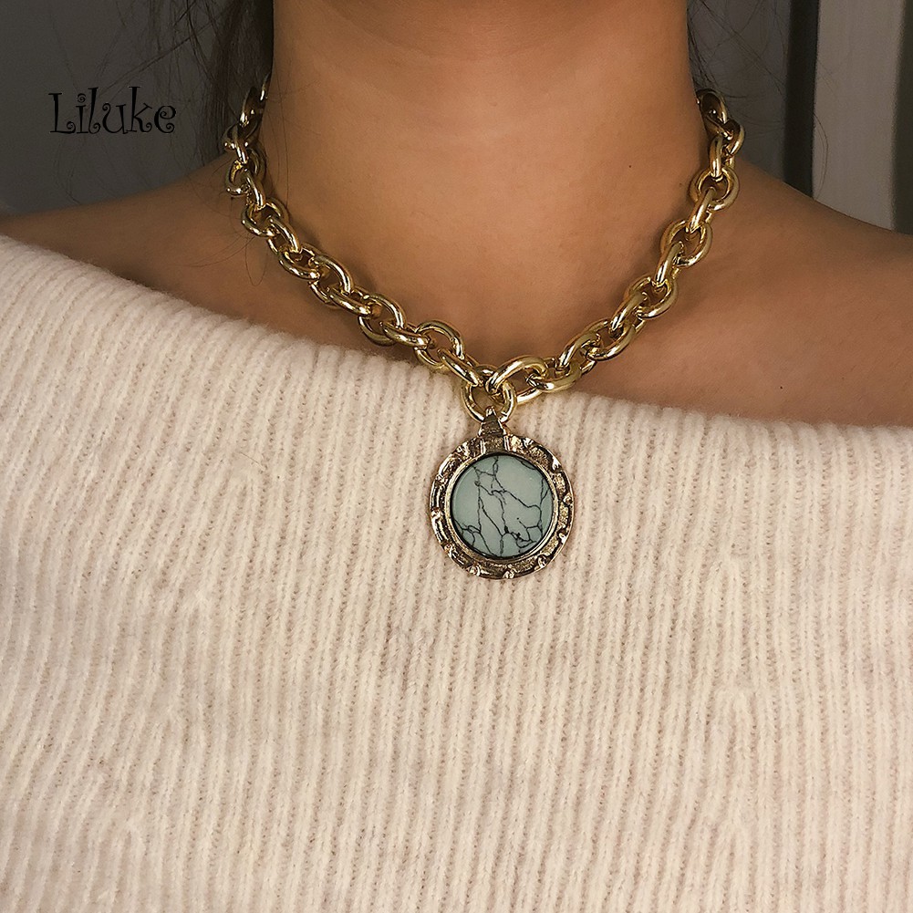 Dây Chuyền Hợp Kim Trang Trí Mặt Tròn Đính Ngọc Lam Giả Xinh Xắn Cho Nữ