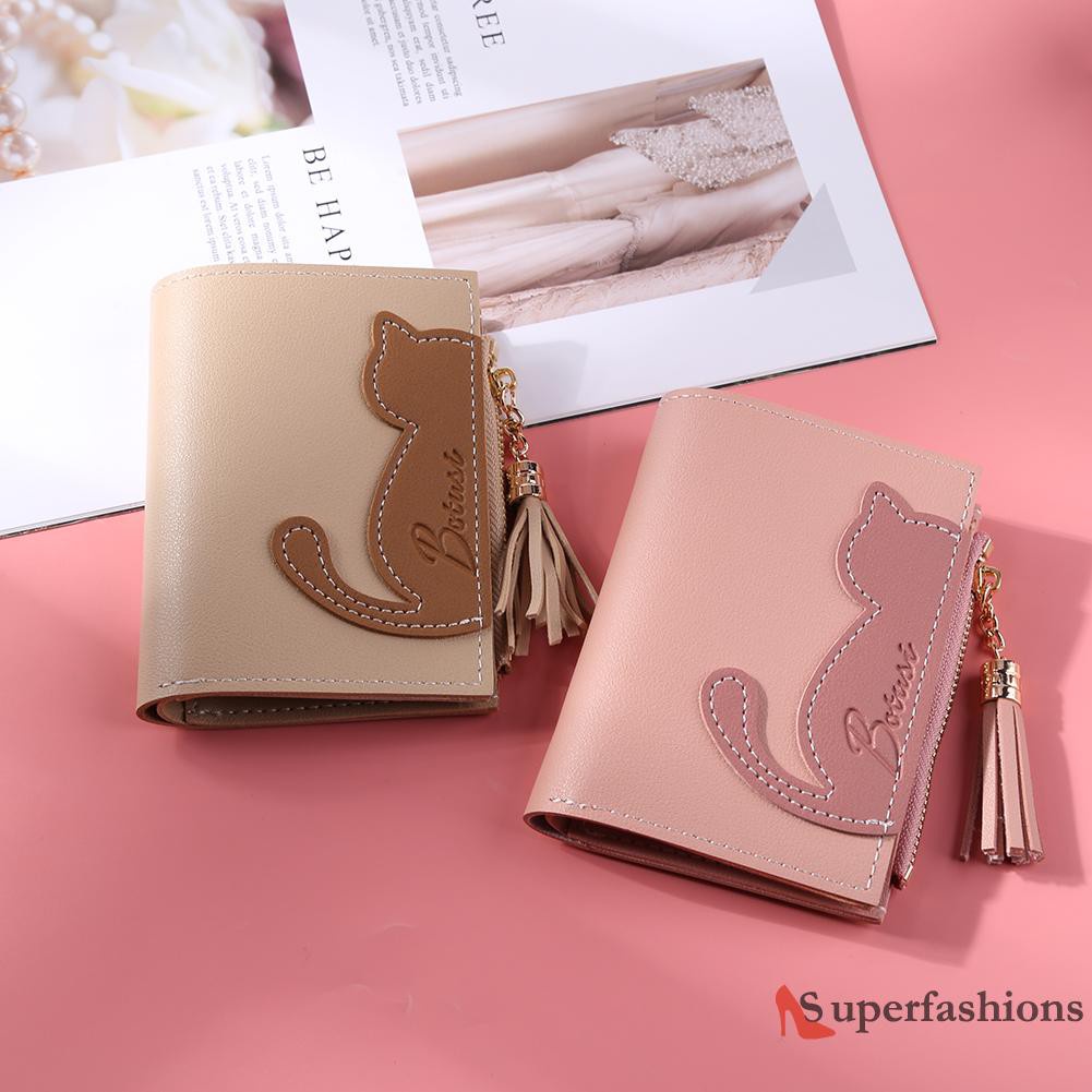 【Hot Sale】Mini Short Bifold Purse Women Cute Cat PU Money Coin Bag Card Holder Wallet