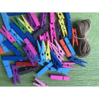 Bộ 20 Kẹp gỗ đủ màu loại lớn 3.5cm treo hình ảnh tặng 1 bó dây thừng treo ảnh